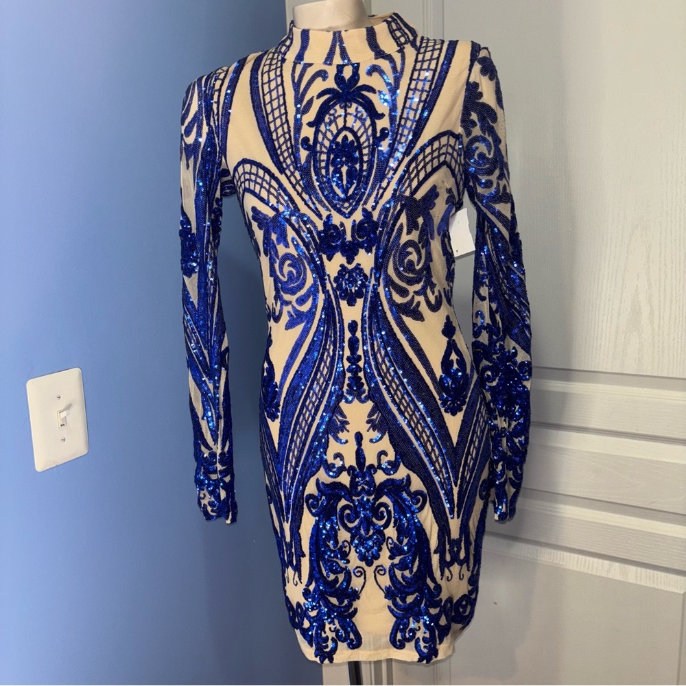 Windsor Blue & Tan Long Sleeve Bodycon Dress